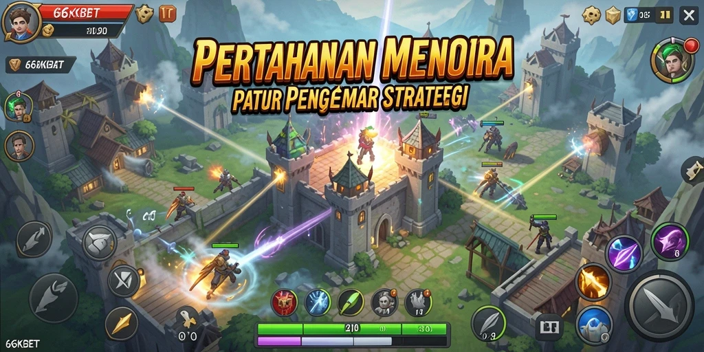 Tampilan gameplay 66KBET dengan menara yang beraneka ragam.