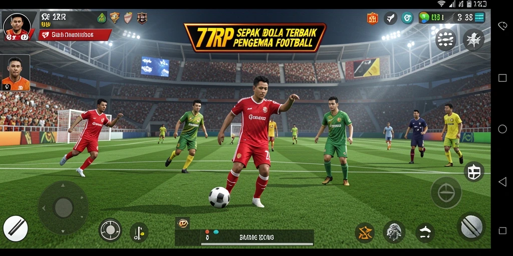 Screenshot utama 77RP menampilkan aksi seru di lapangan sepak bola.
