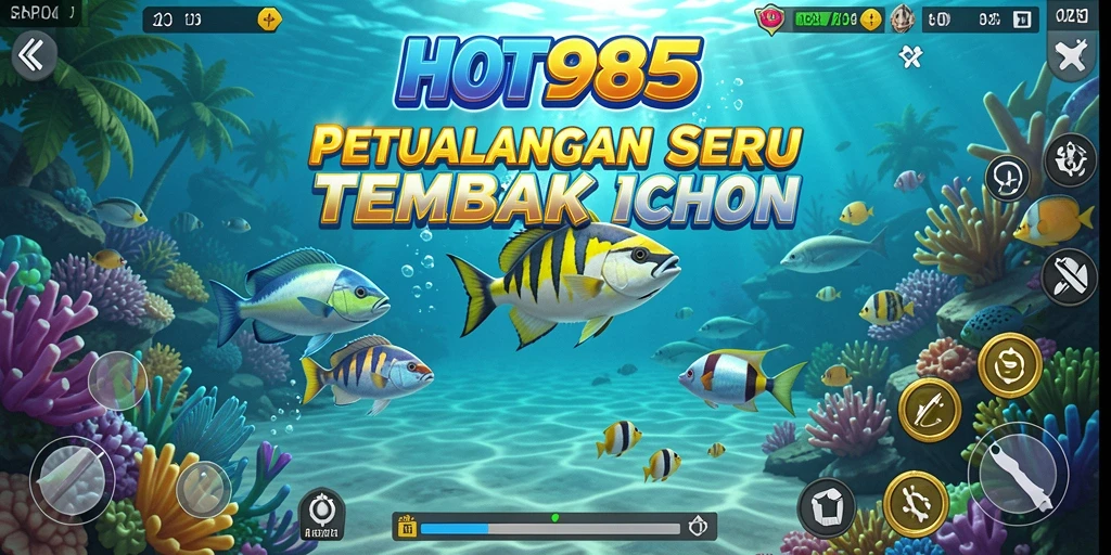 Tampilan gameplay HOT985 saat menembak ikan di dunia bawah laut.