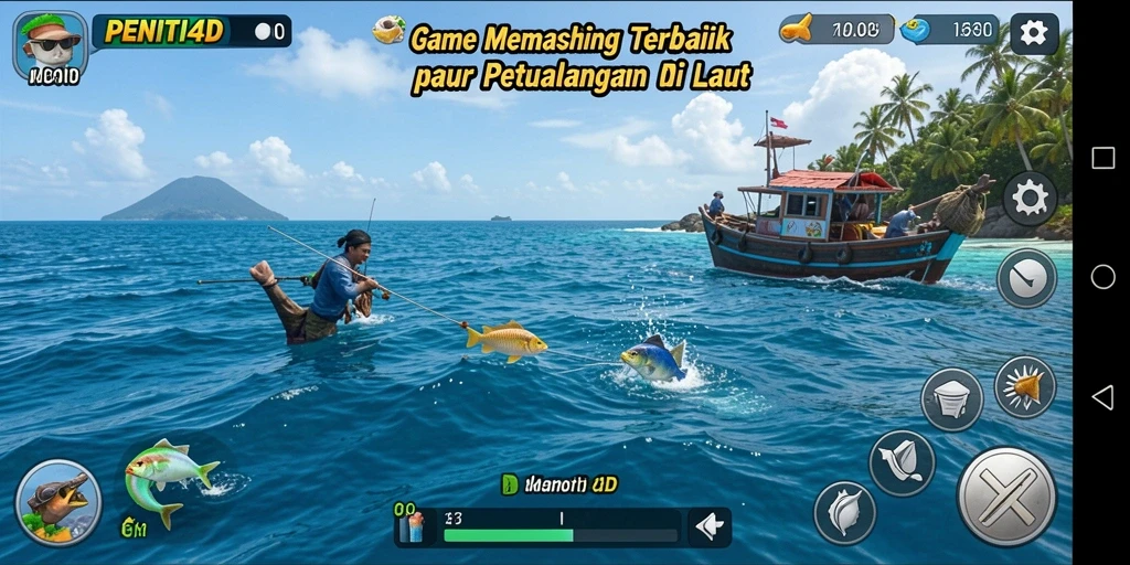 Tampilkan gameplay PENITI4D yang seru saat memancing di lautan luas.