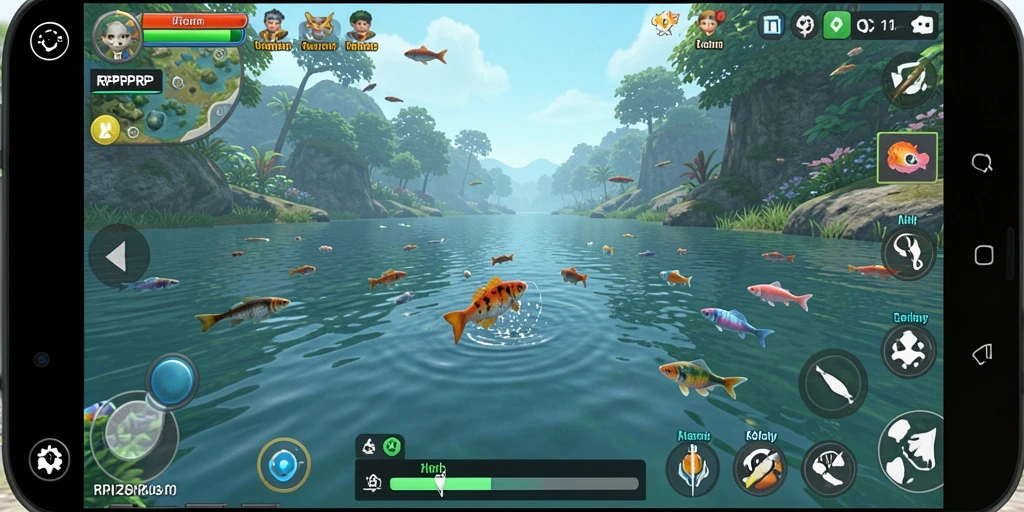 Screenshot utama menunjukkan pemain asyik memancing dengan latar alam yang indah.